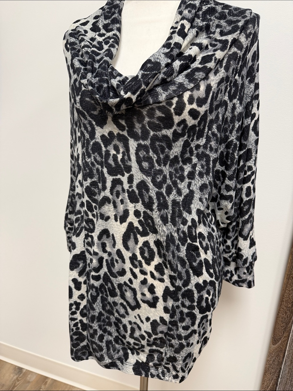 Roz & Ali Black and White Leopard Cowl Neck Sweater Tunic